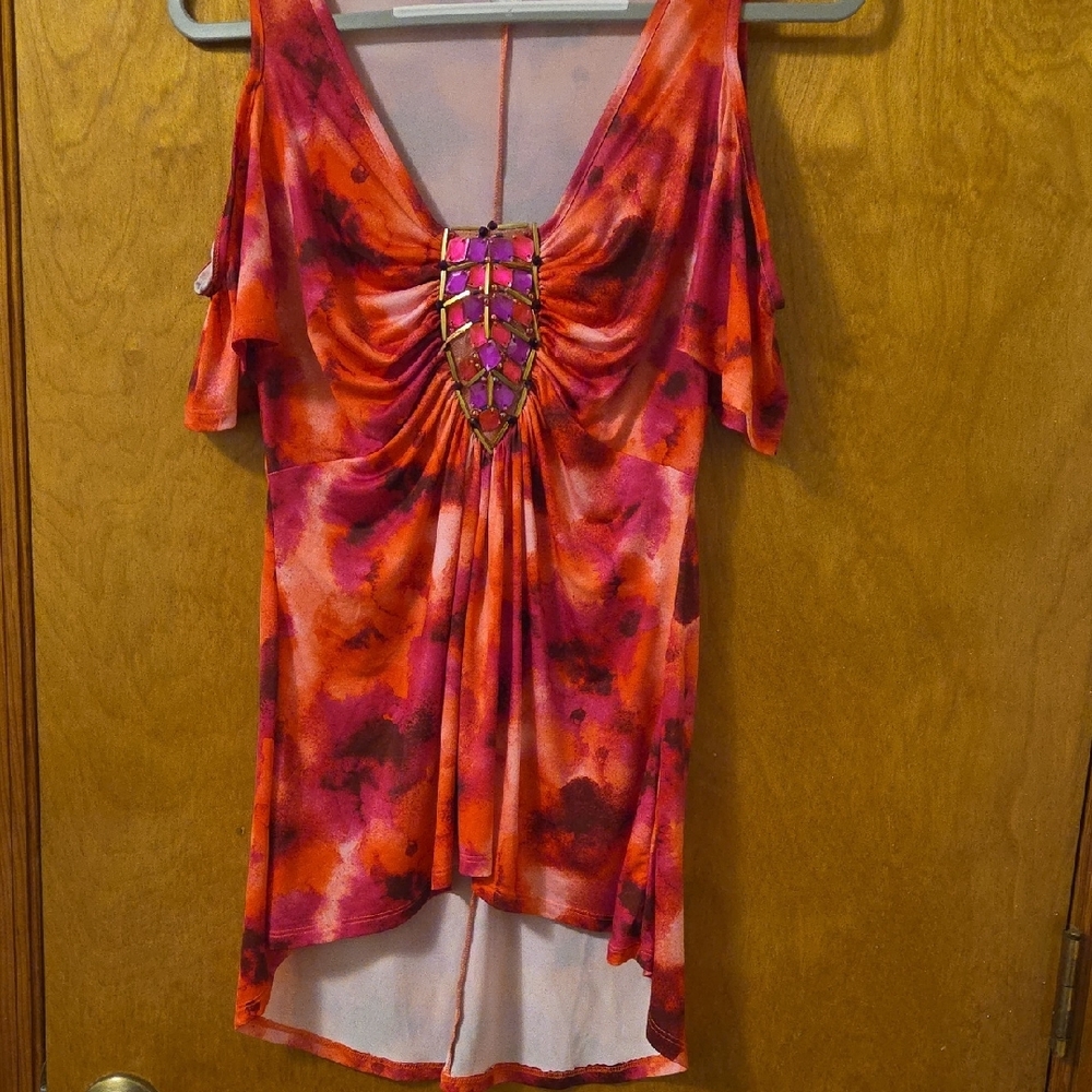 VENUS Red and Orange Ruched Asymmetrical Blouse